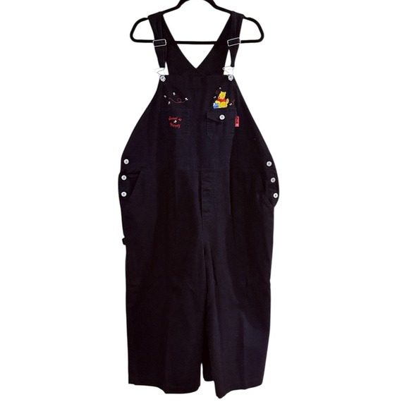 Vtg Disney Winnie The Pooh Bib Overalls Women 22 Plus Black Embroidered 90s Y2K